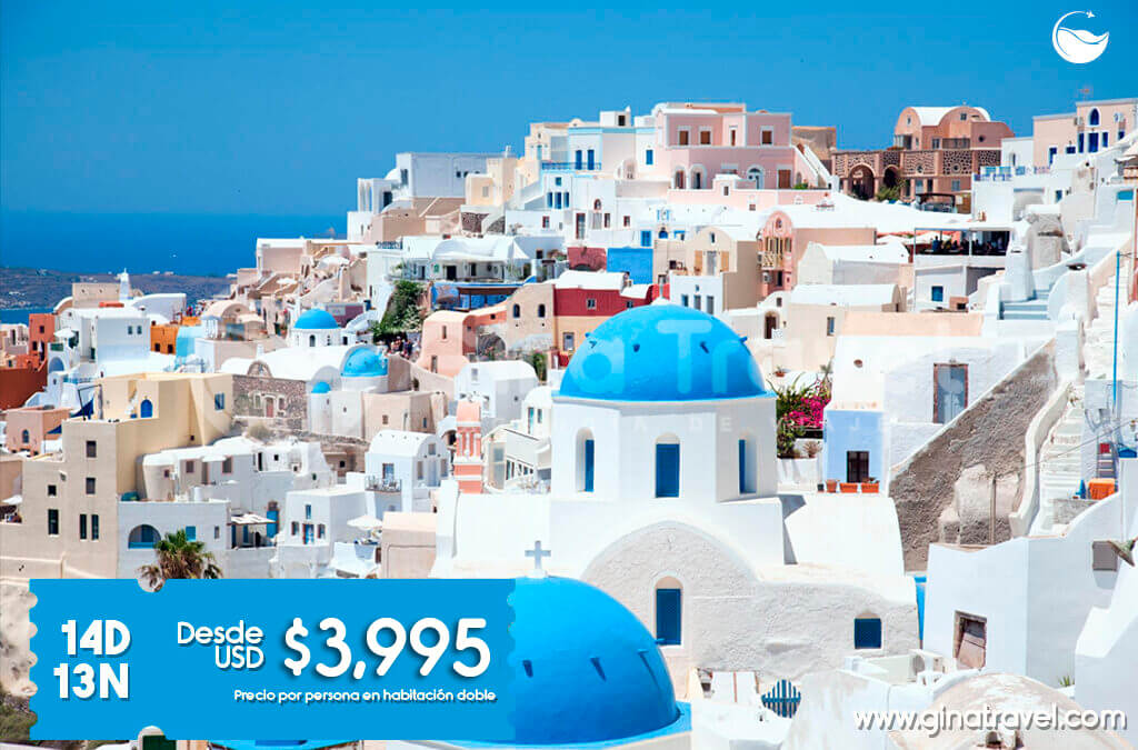 Paquete turístico a Turquía e Islas Griegas, con vistas de Estambul y paisajes costeros de Santorini.