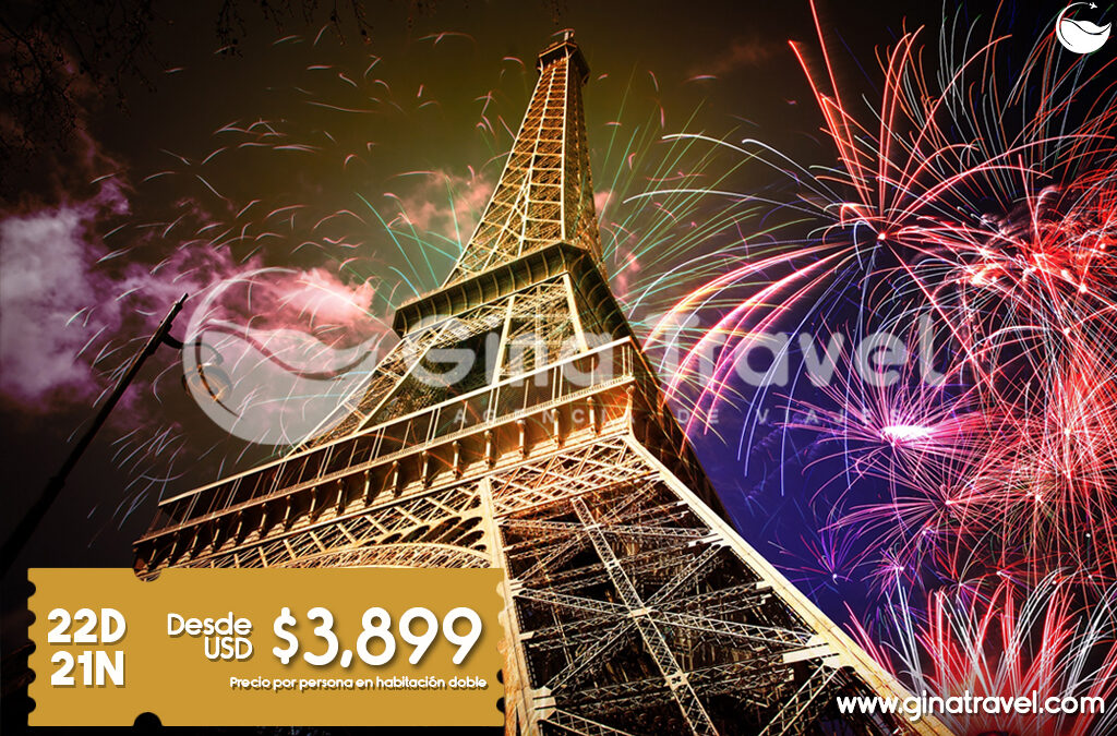 Paquete turístico de fin de año por Europa visitando ciudades legendarias como París, Roma y Madrid, ideal para celebrar el Año Nuevo 2026.