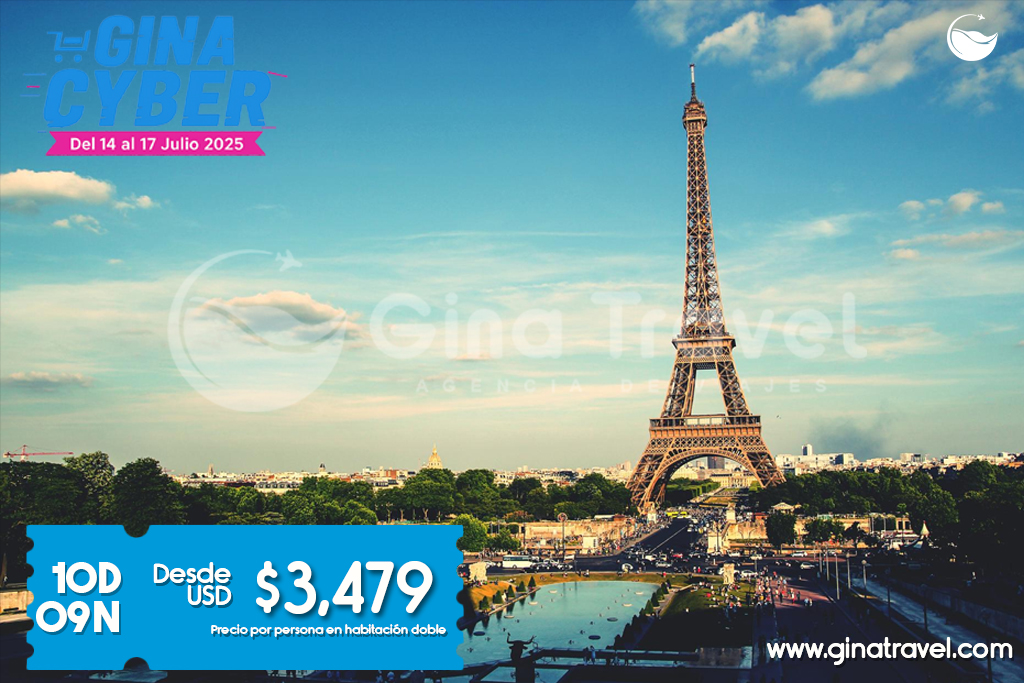 Promoción Cyber Week de paquetes turísticos a Europa para turistas, incluye vuelos, hoteles y tours con Gina Travel.